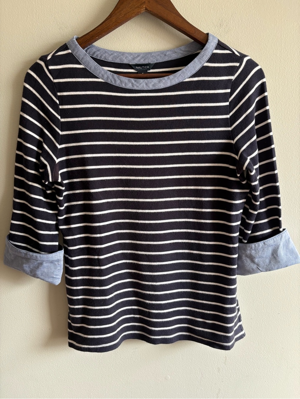 Nautica Navy and White Striped Boatneck Long Sleeve Top with Chambray Trim